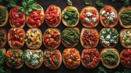 Fototapeta premium A vibrant tapestry of bruschettas, each adorned with a medley of toppings - from classic basil and tomatoes to vibrant pesto and roasted peppers - arranged in a captivating top-down view, inviting
