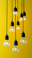 Hanging lightbulbs, yellow background, idea concept