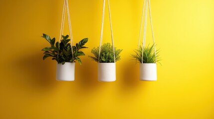 A vibrant arrangement of three hanging potted plants contrasts beautifully with a bright yellow wall, adding a cheerful touch to any space and highlighting nature indoors.