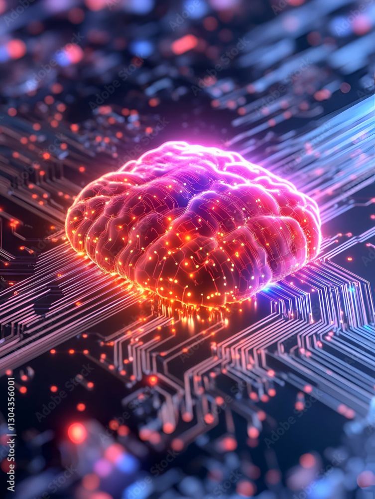 Poster glowing brain on circuit board, digital neural network