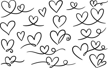 Calligraphic heart line art vector doodle set, hand draw swirly flourishes love symbol set, frame and divider element collection