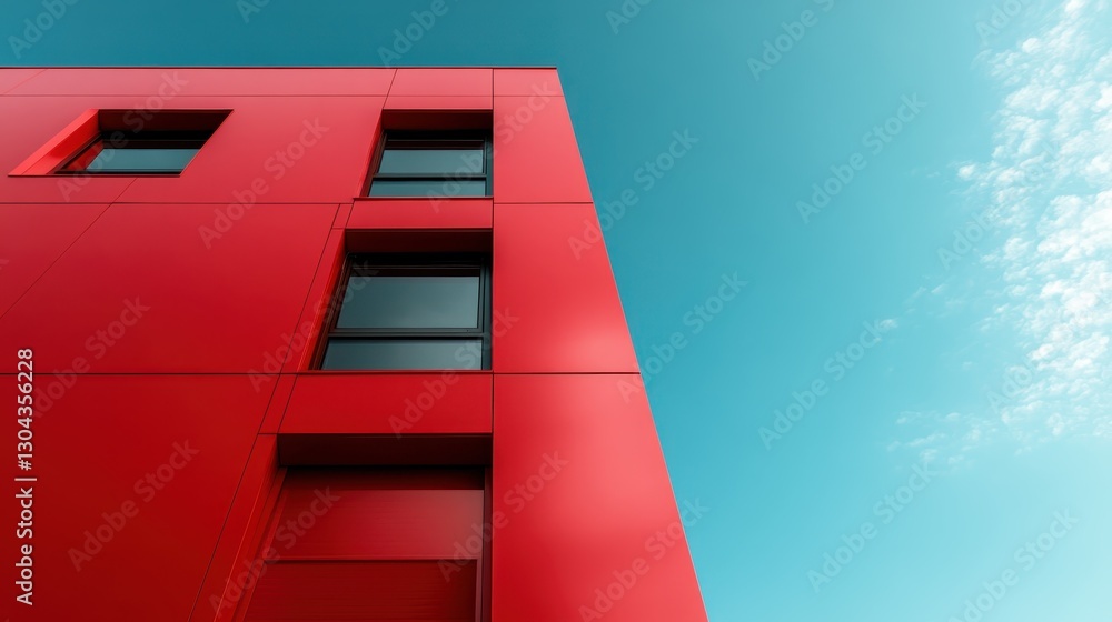 Poster a striking modern building with smooth red walls and multiple windows beautifully contrasts with the