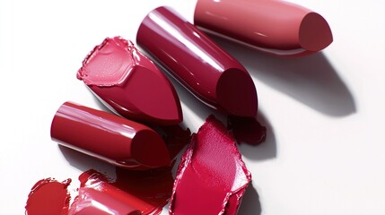 Various shades and shapes of lipstick scattered chaotically on a white background, featuring vibrant reds, pinks, oranges, and purples, with some smudged and melted for a dynamic, artistic effect. 