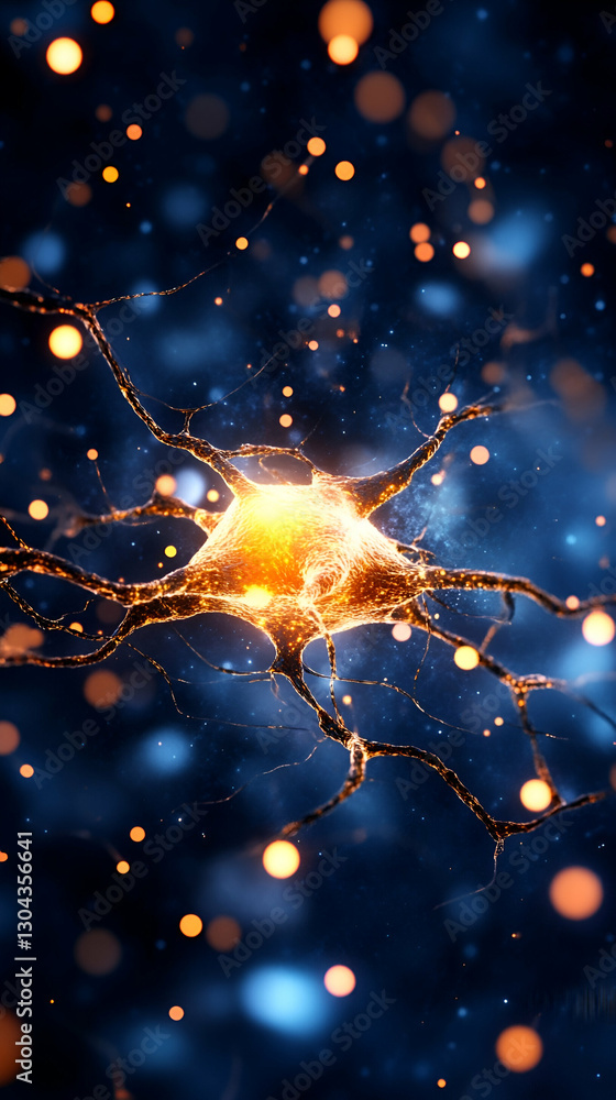 Aufkleber glowing neuron firing in deep space microscopic view