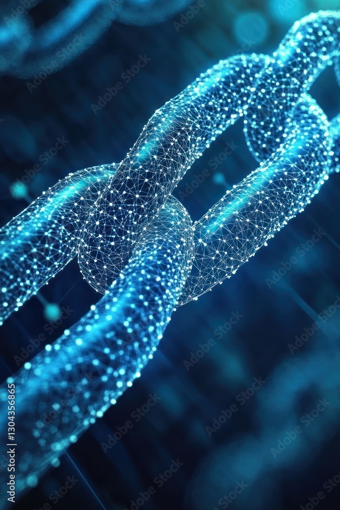 Poster glowing digital chain links interwoven with blue network of dots against dark background. concept of