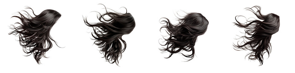 set of Curly hair swaying in the wind, loose hair floating in the wind, curly hair, loose curly hair flying in the wind, loose hair dancing with the wind, on a transparent backgrounds