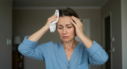 Mature caucasian female experiencing headache and discomfort at home