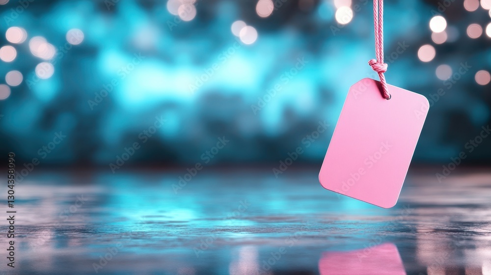 Poster this artistic image captures a pink tag suspended against a backdrop of bokeh lights, evoking a sens