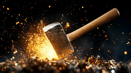 Hammer striking, sparks, dark background