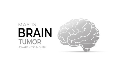Vector graphic of Brain Tumor Awareness Month is observed every year in May to raise awareness about brain tumors. Gray ribbons with Realistic ribbon. Design for web banner, cards, prints, social.