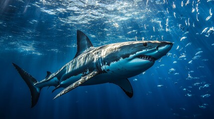 Fototapeta premium Colossal White Shark Swimming Gracefully in Blue Ocean Waters