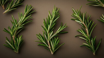 Fototapeta premium Rosemary twig and leaves, top-down view.