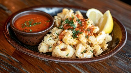 A crispy golden-brown fried calamari dish with a side of marinara sauce and lemon wedges on a rustic wooden table.