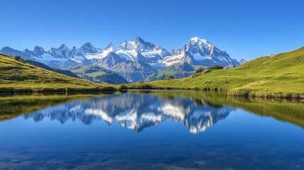A crystal-clear mountain lake reflecting the surrounding snow-capped peaks.