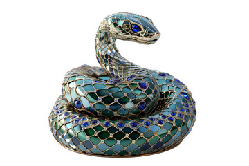 Fototapeta premium Elegant emerald snake sculpture with mosaic patterns and blue gemstones isolated on white transparent background, reptiles or wildlife, symbolizing Chinese Lunar New year