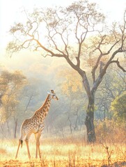 Giraffe walking through sunlit grassland at dawn