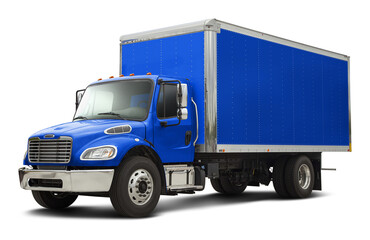 Modern american delivery truck with chrome elements in all blue color. Front side view isolated on...