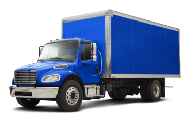 Modern american delivery truck with chrome elements in all blue color. Front side view isolated on white background.