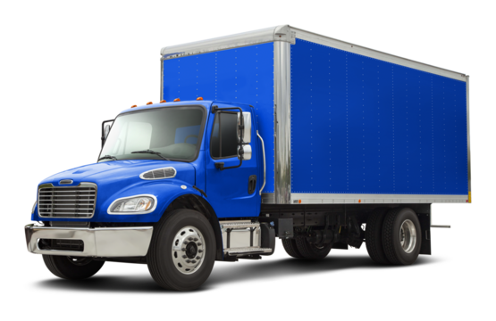 Modern american delivery truck with chrome elements in all blue color. Front side view isolated on white background.