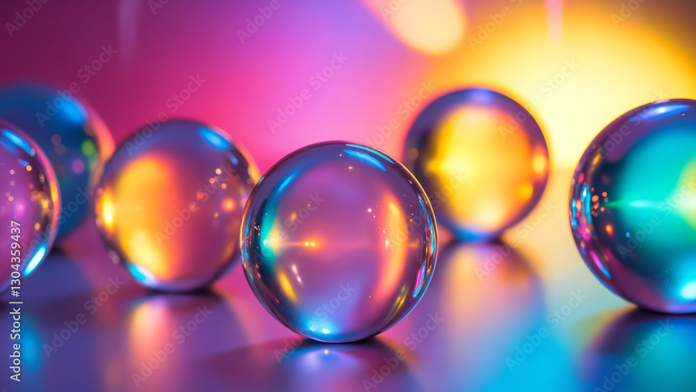Poster abstract colorful spheres with rainbow light on a glowing background