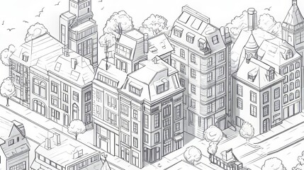 Seamless linear 3D urban building drawing. 