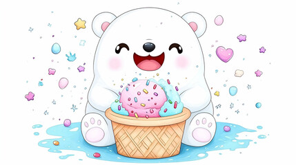Happy Polar Bear Enjoying Ice Cream Cone