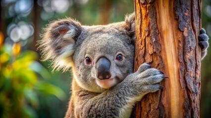 Fototapeta premium Adorable Koala Hugging Eucalyptus Tree - Close-Up Macro Photography