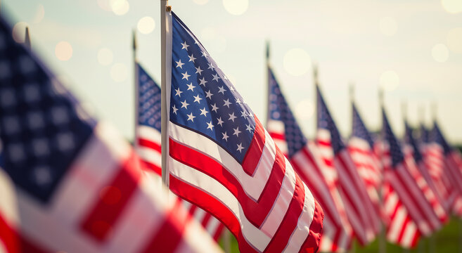 American Flags Display, Row of USA Flags Waving in Sunlight, Patriotic Memorial Day Background, National Pride and Freedom Symbolism