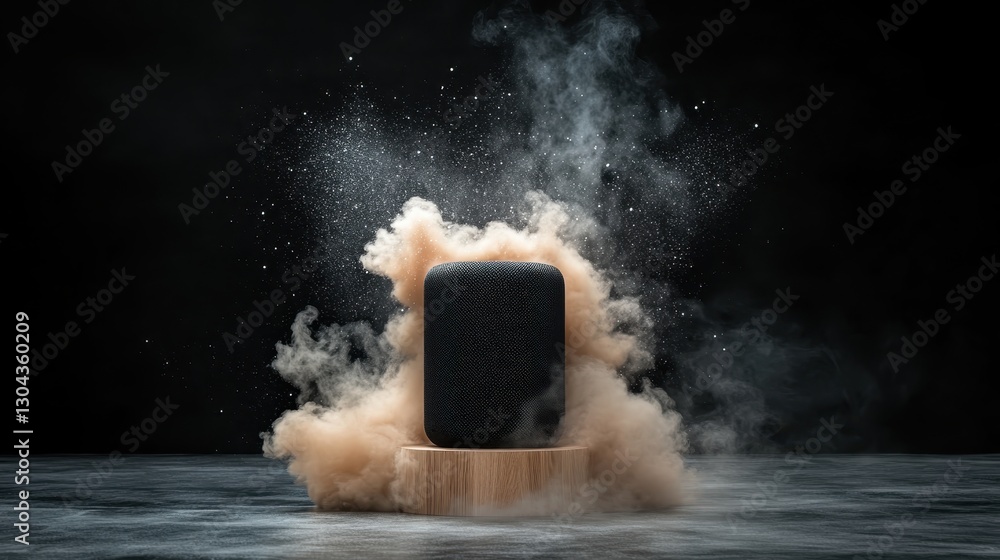 Poster an artistic representation of a dynamic speaker enveloped in a swirling dust cloud, conveying a sens