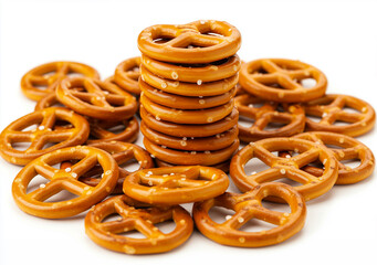 Salted pretzels stack, Traditional German snack food, Fresh baked crunchy twist bread with coarse salt, Bakery and gastronomy concept