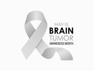 Vector graphic of Brain Tumor Awareness Month is observed every year in May to raise awareness about brain tumors. Gray ribbons with Realistic ribbon. Design for web banner, cards, prints, social.