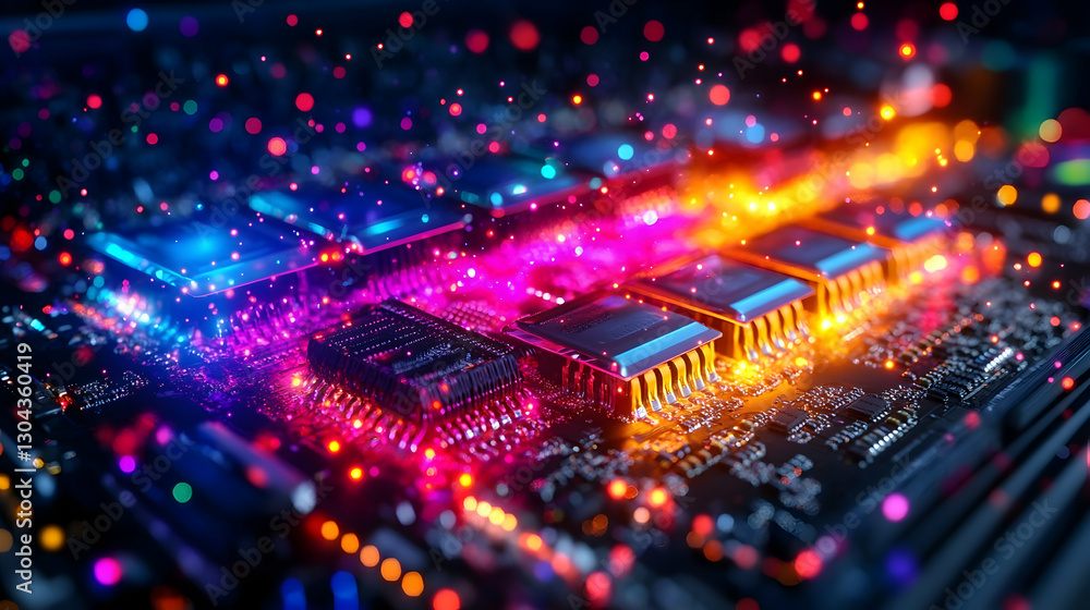 Poster illuminated circuit board, data flow, tech background
