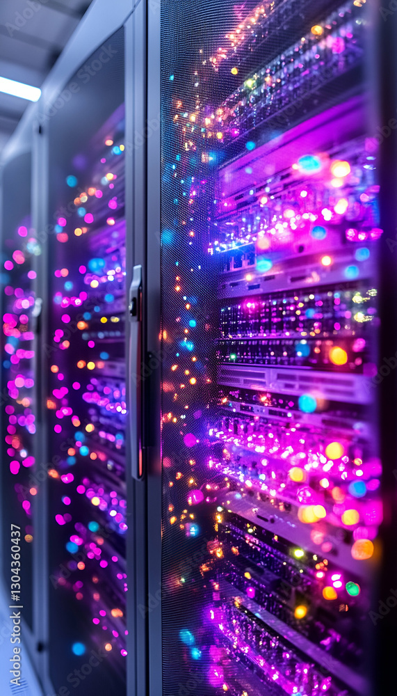 Poster illuminated data center server racks glowing