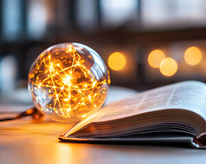 Obraz premium Illuminated globe beside open book, warm setting