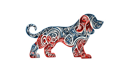 Fototapeta premium Ornate Basset Hound Dog Silhouette in Red, White, and Blue Floral Design