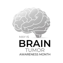 Vector graphic of Brain Tumor Awareness Month is observed every year in May to raise awareness about brain tumors. Gray ribbons with Realistic ribbon. Design for web banner, cards, prints, social.