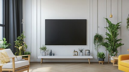 A frameless Smart TV blending into a white wall, creating a seamless look in a tech-savvy living space.