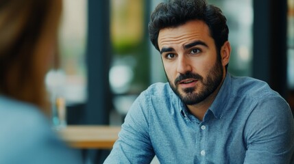 Fototapeta premium Focused Man Engaged in Serious Discussion in Bright Cafe Setting