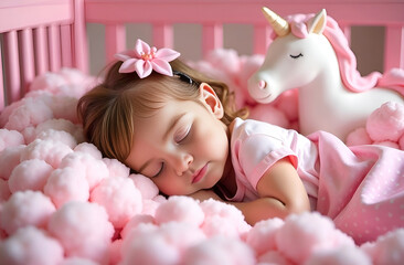 Little girl of three years old sleeps in a cozy pink bed, soft toy unicorn, suitable for illustrating articles about children's sleep and upbringing, World Sleep Day, advertising children's bed linen