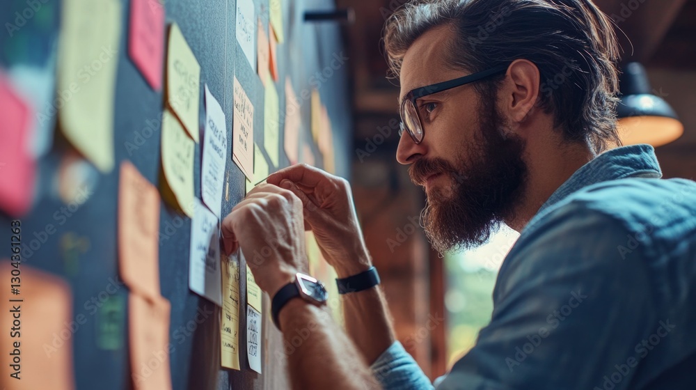 Poster focused manager with determined gaze organizing sticky notes
