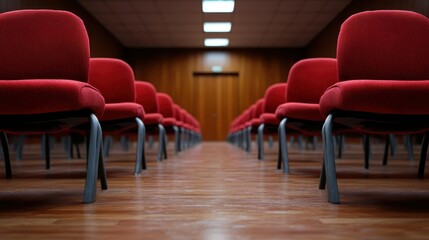 Capturing rows of vibrant red chairs in a minimalist hall, this image evokes a sense of order and readiness, perfect for settings focused on discussions and presentations.