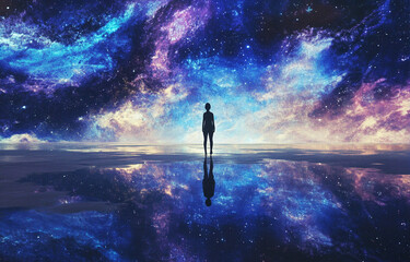 Fototapeta premium Ethereal Nightscape with a Lone Figure, Cosmic Reflections, and Galaxies
