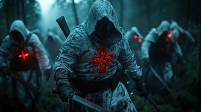 Hooded knights, illuminated by eerie red light, march through a fog-laden forest, evoking themes of fear, loyalty, and the unknown in a hauntingly beautiful scene.
