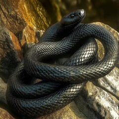 Black snake coiled on rocky terrain in a natural setting