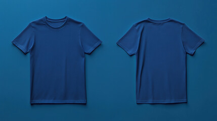 Front and back view of a blue t-shirt laid flat on a surface, a flat lay concept used as a mockup design template