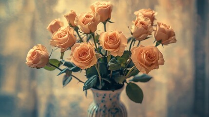 A golden light shines on a bouquet of roses in a ceramic vase, recreating a classic artistic atmosphere.