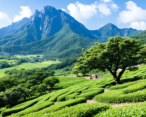 Lush green tea plantation nestled in mountain valley