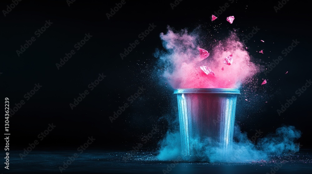 Poster A captivating image of a trash can bursting with colorful dust clouds, symbolizing the unexpected beauty that can emerge from ordinary objects in a dramatic setting.