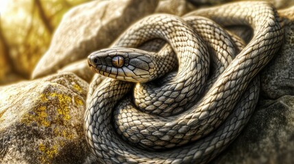 Detailed view of a snake resting on rocks in natural sunlight