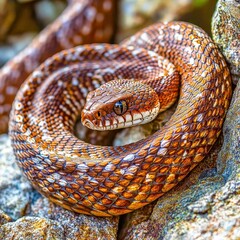 Fototapeta premium Close-up of a striking snake resting on rocks in nature